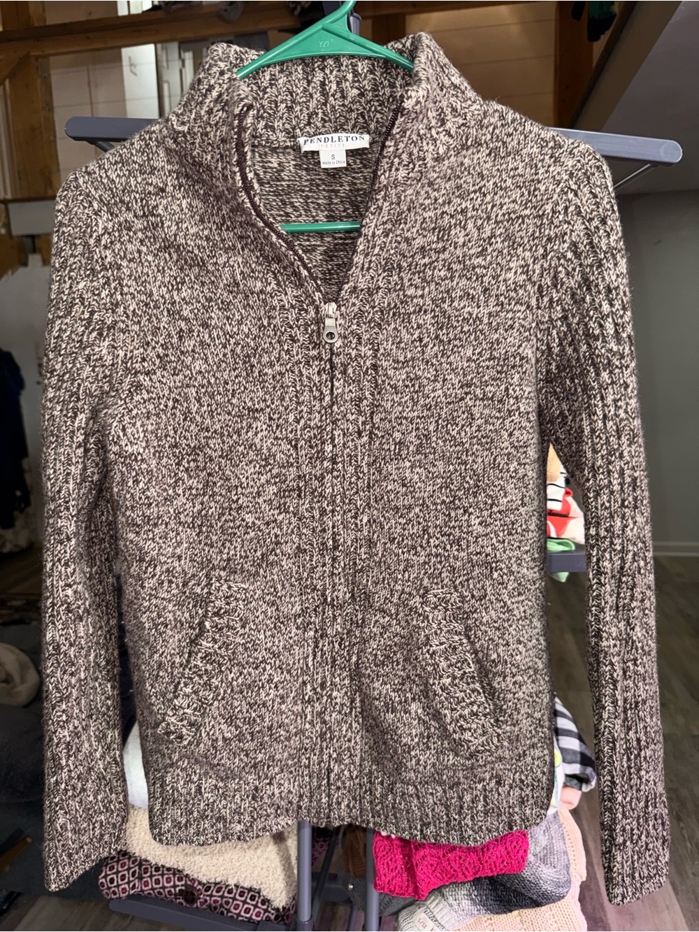 Pendleton 100% Lambs Woven Brown Marled Full-Zip Knit Cardigan